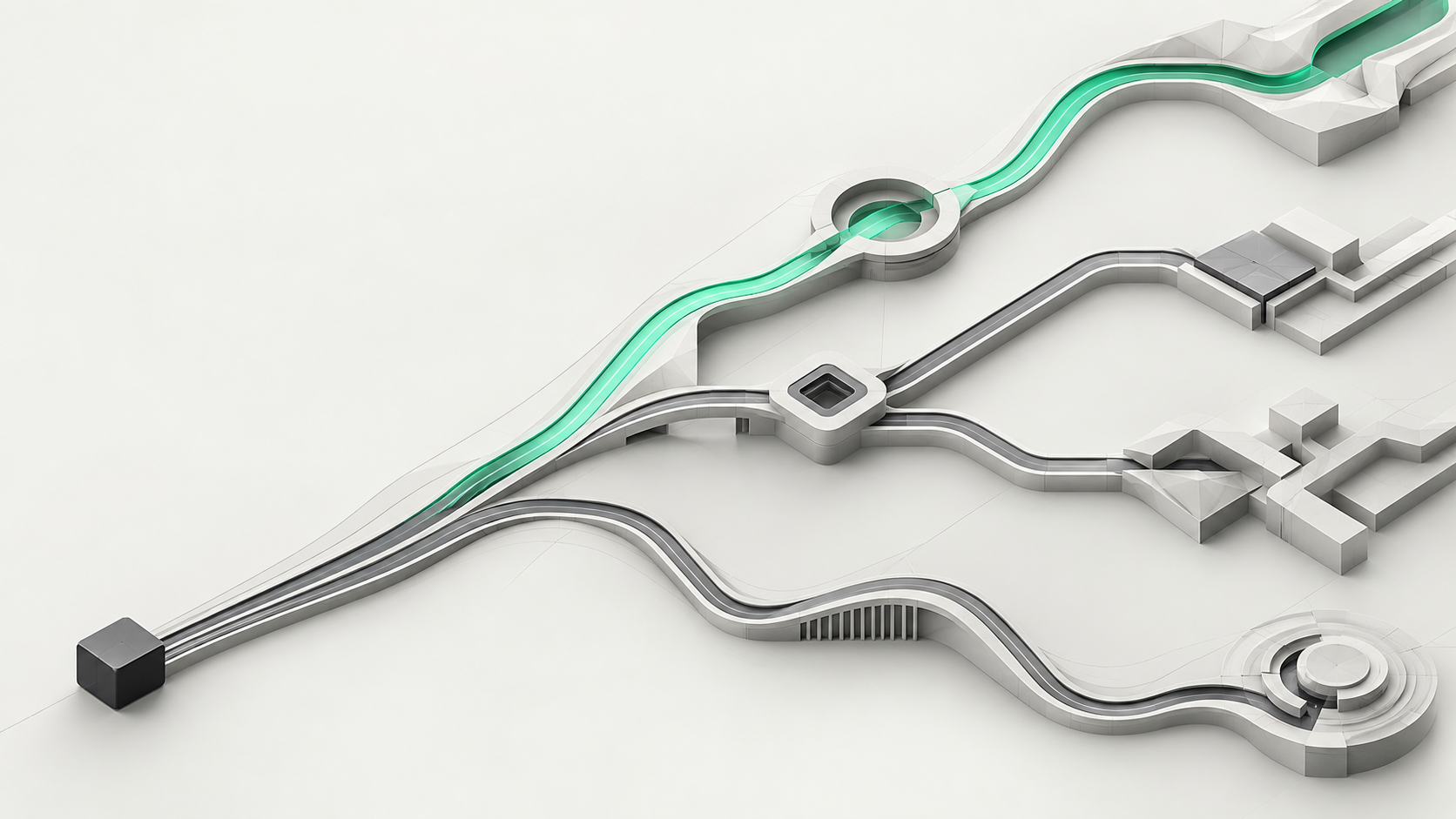 Sculptural render of one order branching into several raised paths, one highlighted in emerald